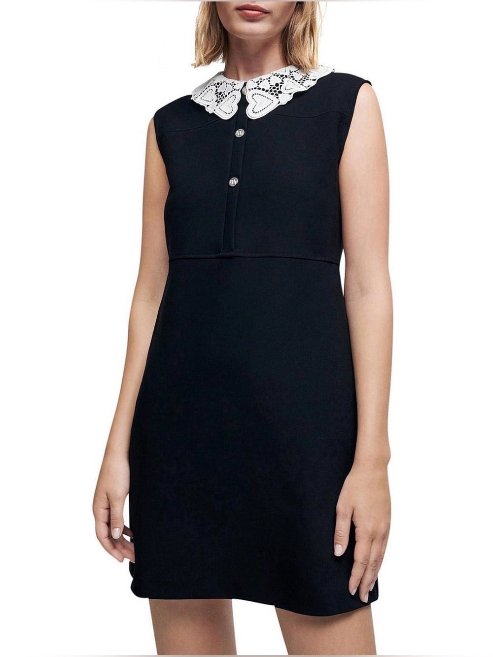 Maje Ramine Dress FR 36 Black White Heart Guipure Lace Collar Mini